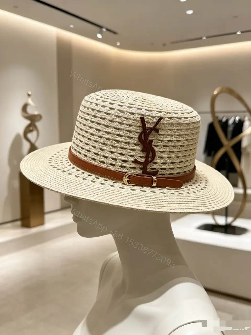 View 8 of Natural Straw Fedora Hat Leather Strap YSL Emblem