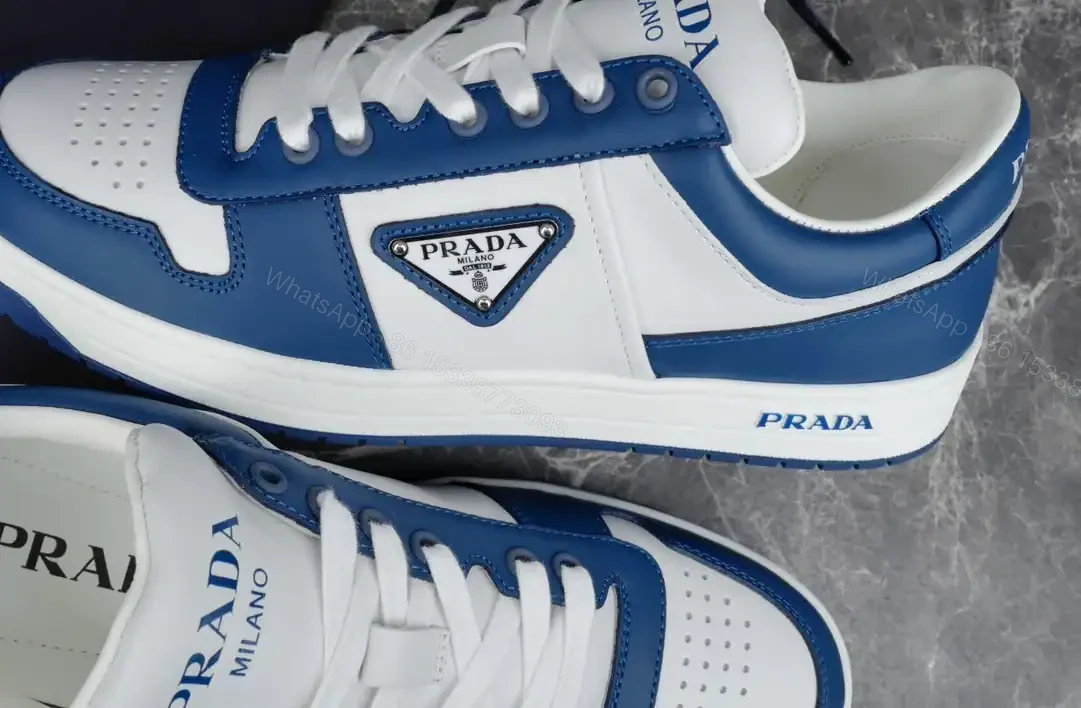 View 8 of PRADA DOWNTOWN LEATHER SNEAKERS IN WHITE AND LACQUER BLUE- PRD011