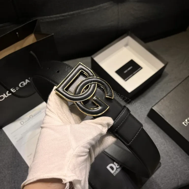 View 2 of Iconic DG Belt: Black Leather, Gold Interlocking Buckle, Luxury