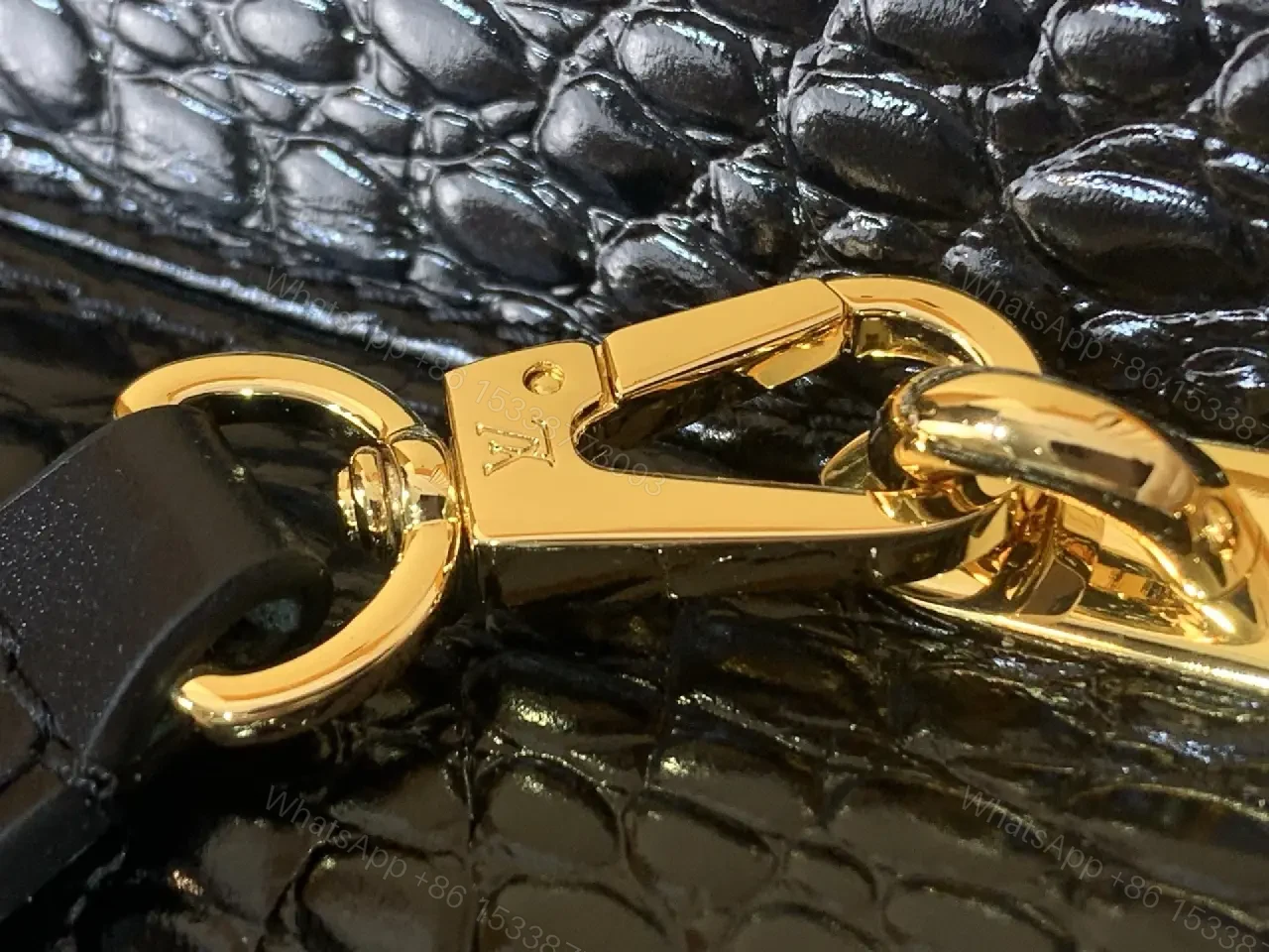 View 3 of Chic Black Crocodile-Embossed Mini Handbag with Gold Hardware
