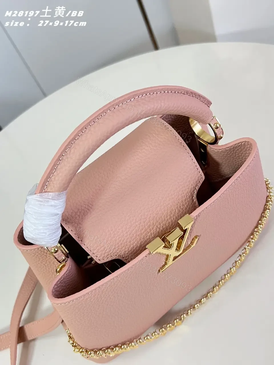 View 5 of Soft Pink Textured Handbag with Gold Hardware— Elegant Everyday Luxe