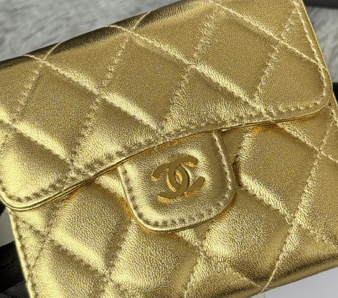 View 2 of Gold Quilted Wallet: Compact Luxury Card Holder & Coin Purse