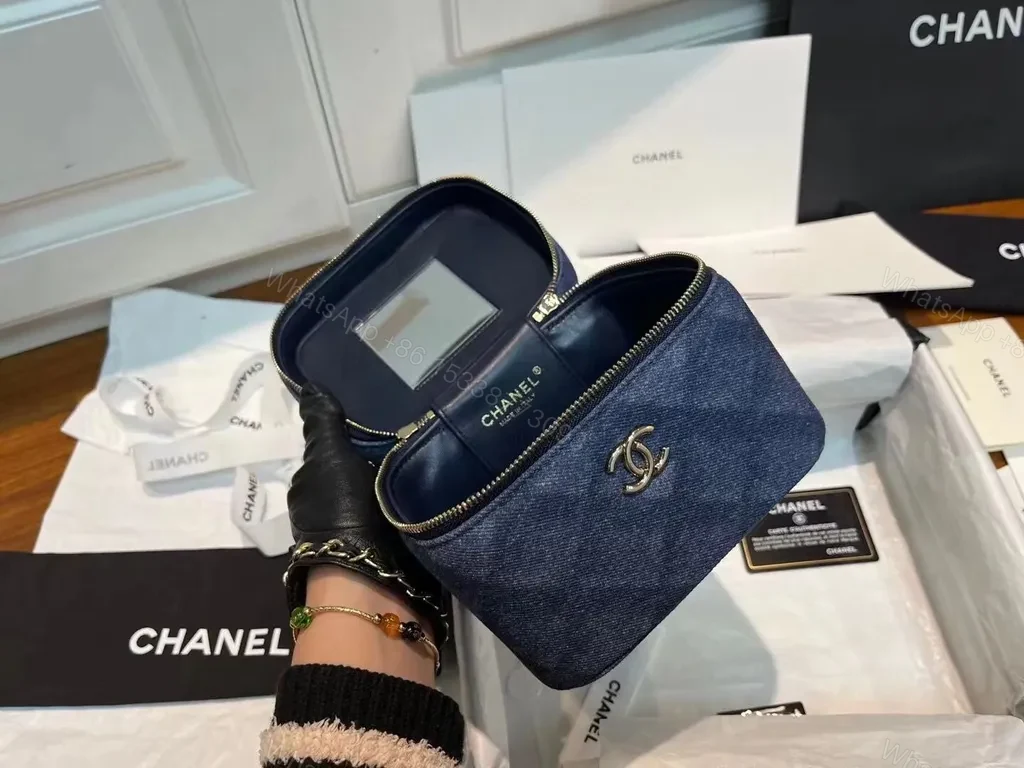 View 3 of Mini Denim Chanel Logo Crossbody â€“ City-Chic Compact Bag