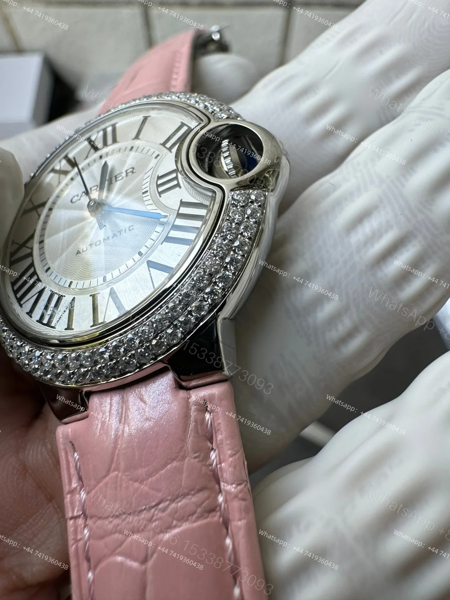 View 7 of Cartier Super Clone Ballon Bleu Diamond Bezel 33MM Pink Leather Strap