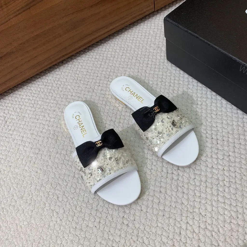 View 5 of White Crystal Glitter Sandals Satin Bow Chanel Style Sparkle Embellishments Slide Sandals