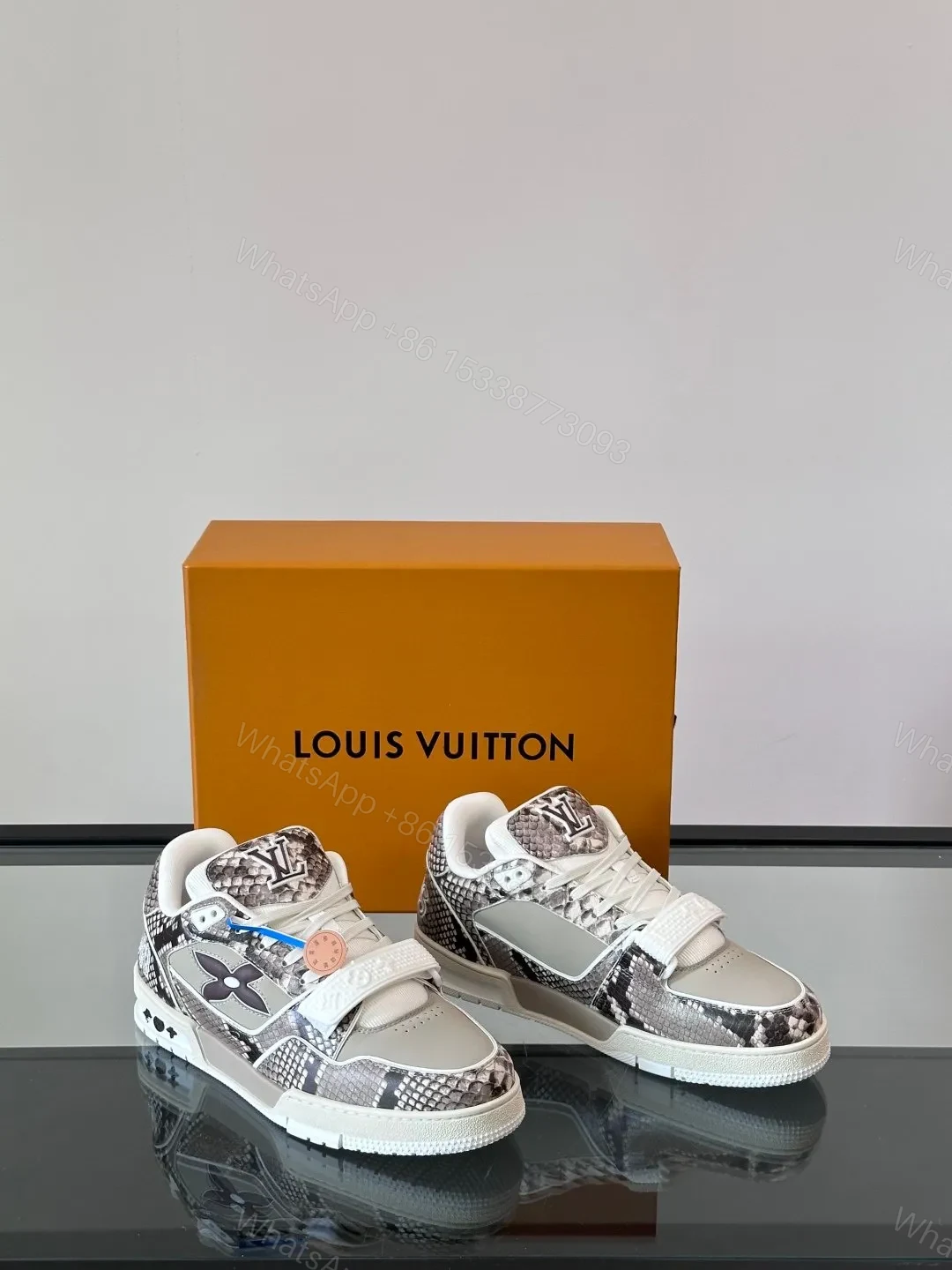 View 5 of LV Men Grey Snake Print Leather Sneakers