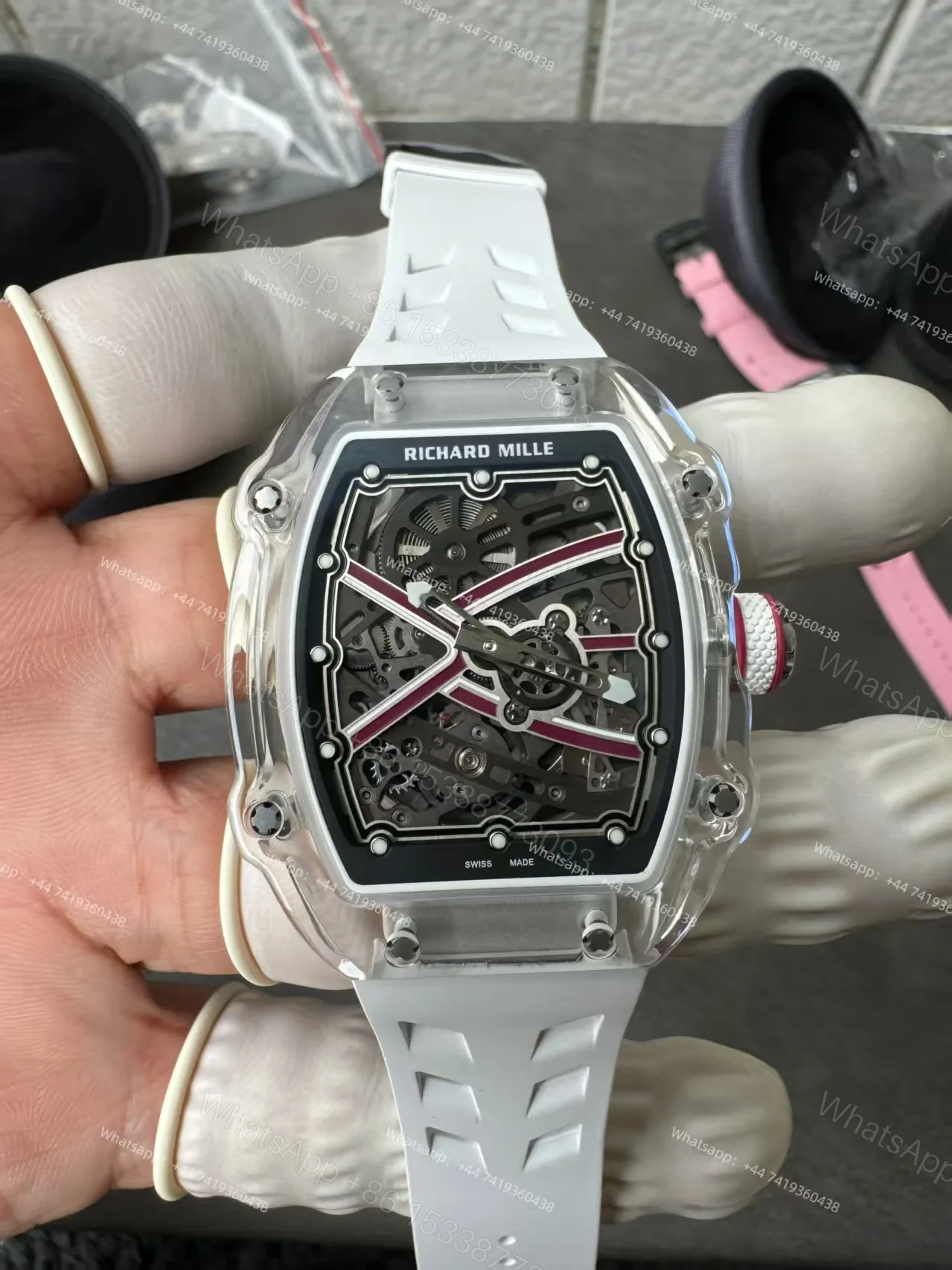 View 8 of Super Clone Richard Mille RM67-02 Sapphire Crystal Skeleton Tourbillon 1:1 Replica Watch with White Rubber Strap