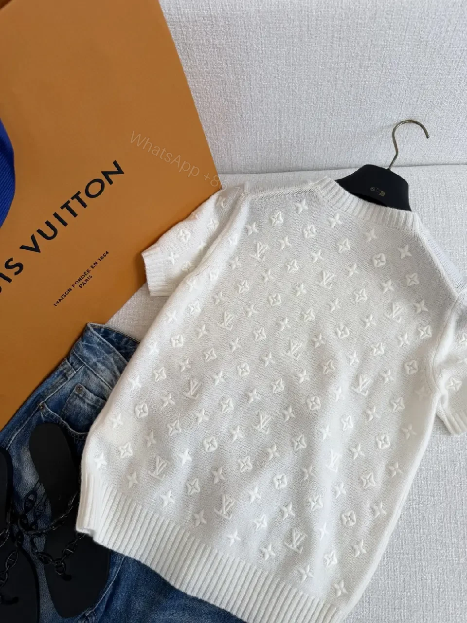 View 3 of White Knit Sweater Baggy Monogram Star Pattern Crew Neck Knitwear