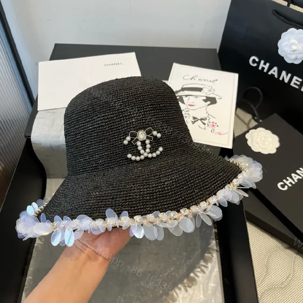 View 4 of Black Straw Hat with Pearl Logo and Crystal Trim