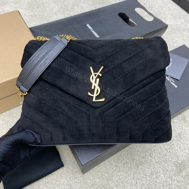Chic Quilted Black Velvet Messenger: YSL Logo Bag — view 1