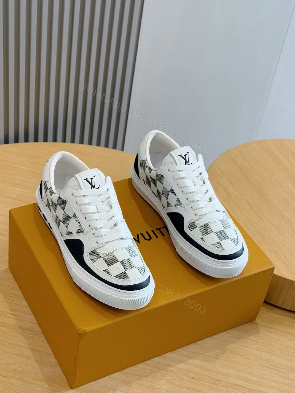 White & Grey Checkerboard Leather Sneaker, LV Detail, Low-Top — view 1