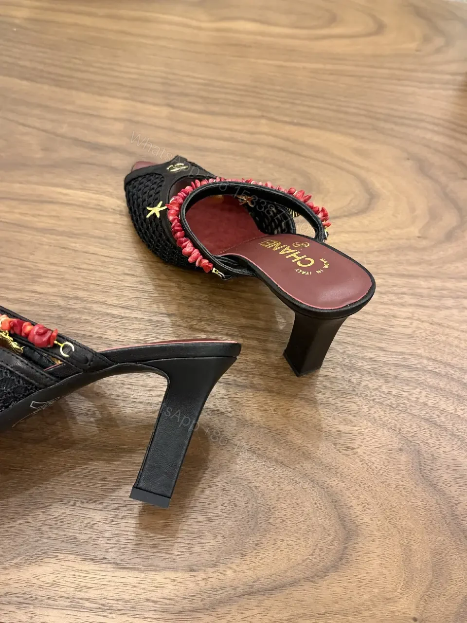 View 4 of Red Velvet Mesh Satin Heels Classic Chanel - Pearl Bead Strap Sandals