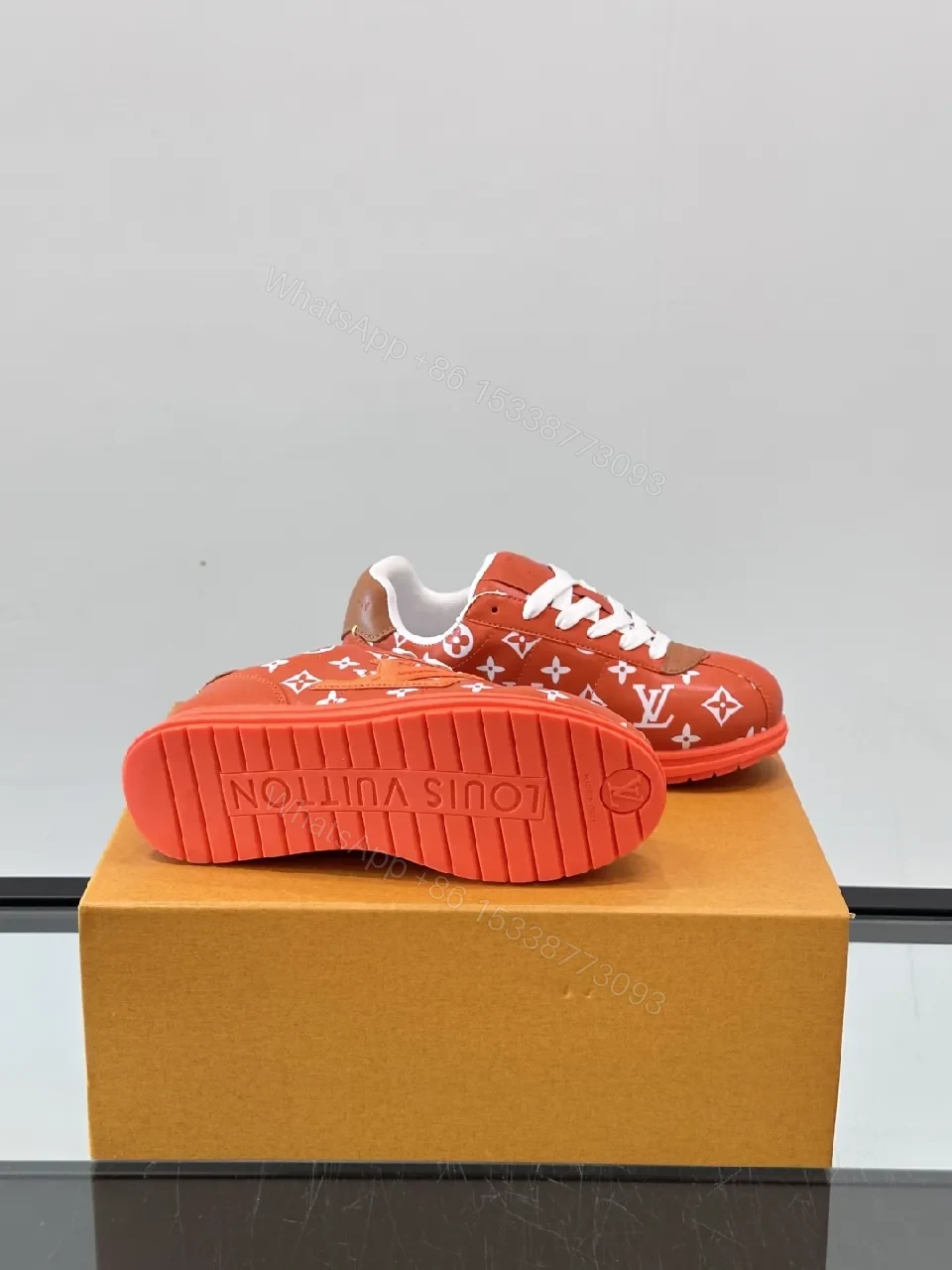 View 5 of Bold Orange-Red Monogram Sneaker: Luxe Designer-Inspired High-Tops