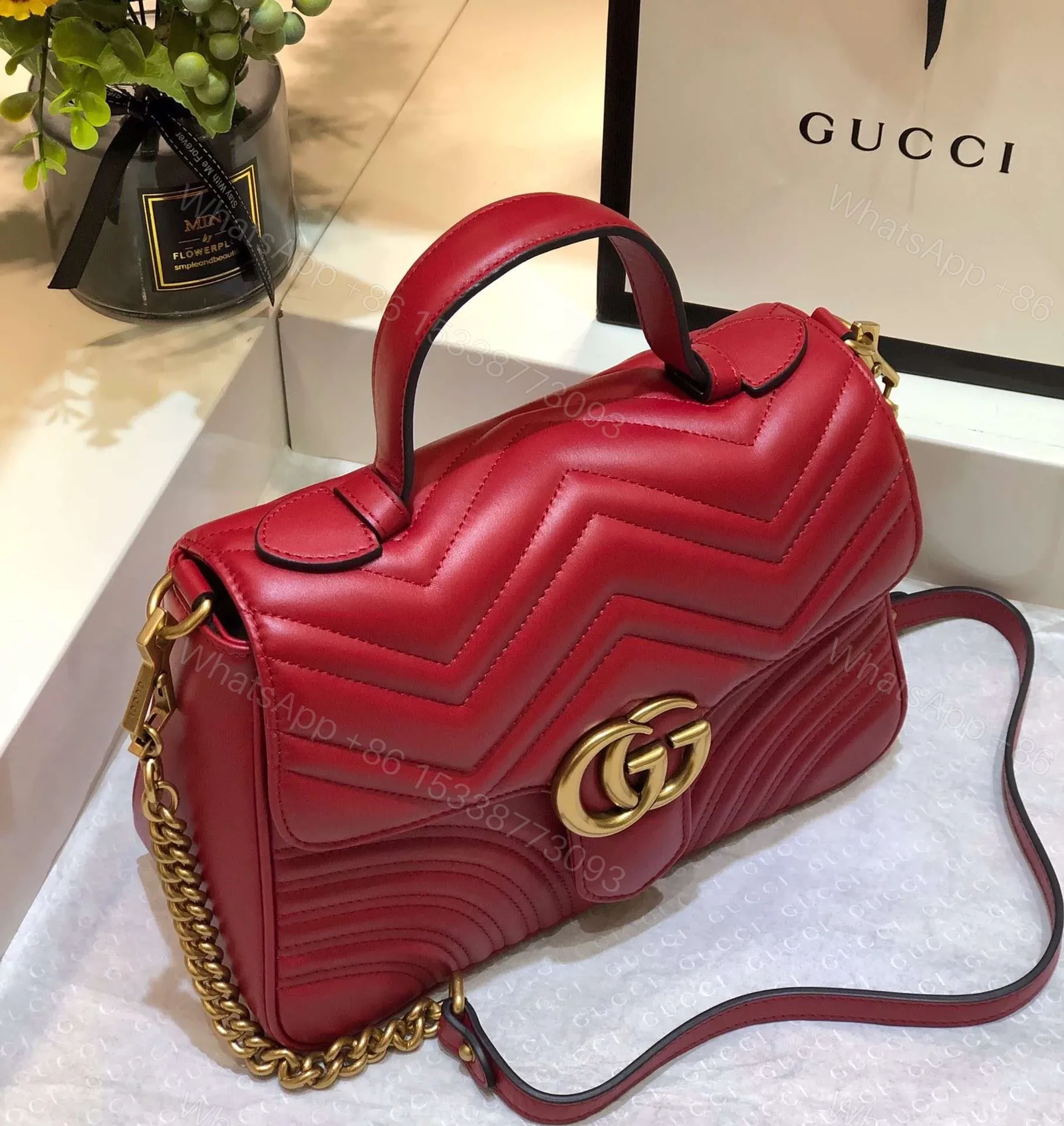 View 4 of Gucci Marmont Top Handle Like Auth Women’s Handbag Red 27cm