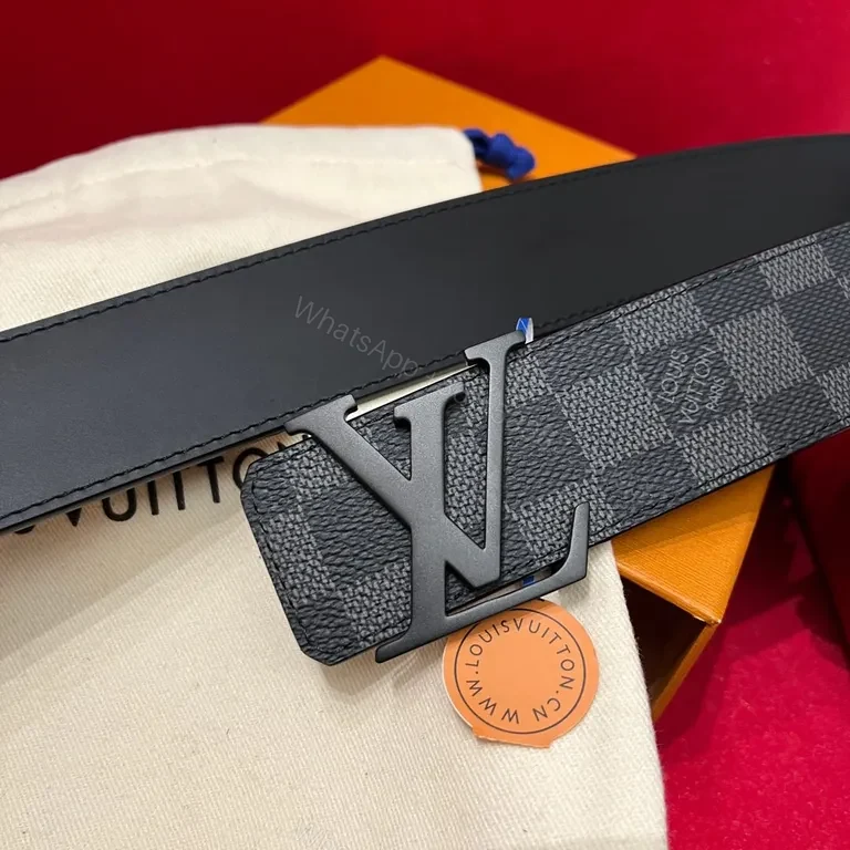 View 8 of Chic LV-Pattern Leather Belt with Signature Buckle