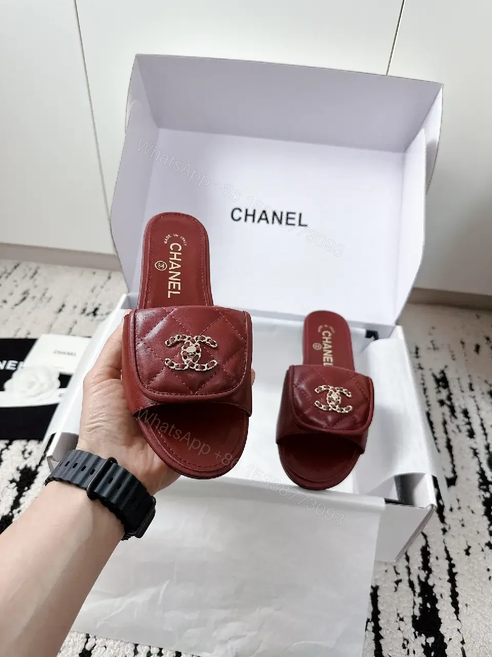 View 3 of Red Leather Chanel-Inspired Wide-Strap Slides: Luxe Everyday Elevation