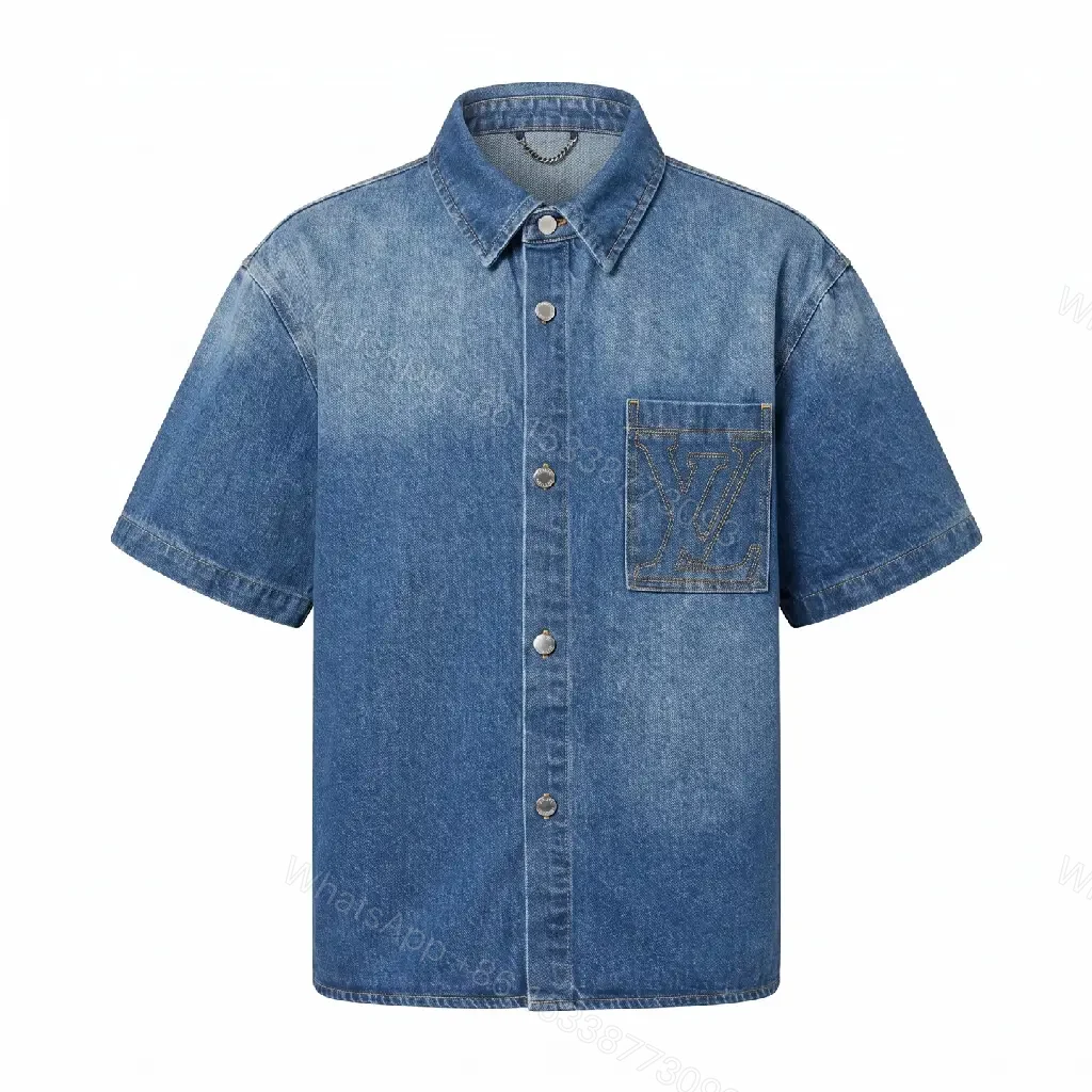 View 3 of Blue Denim Shirt Short Sleeves with Pocket Front Button-Up