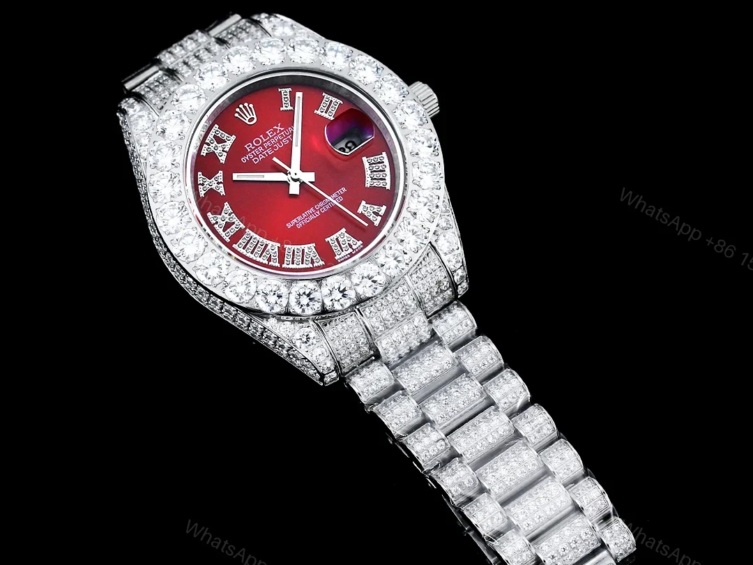 View 5 of Rolex Datejust Red Diamond Replica 42MM Premium Iced Steel Bracelet Red Dial Edition RG-ROLEX-DJ-RED-DIA-ICED-STL-42