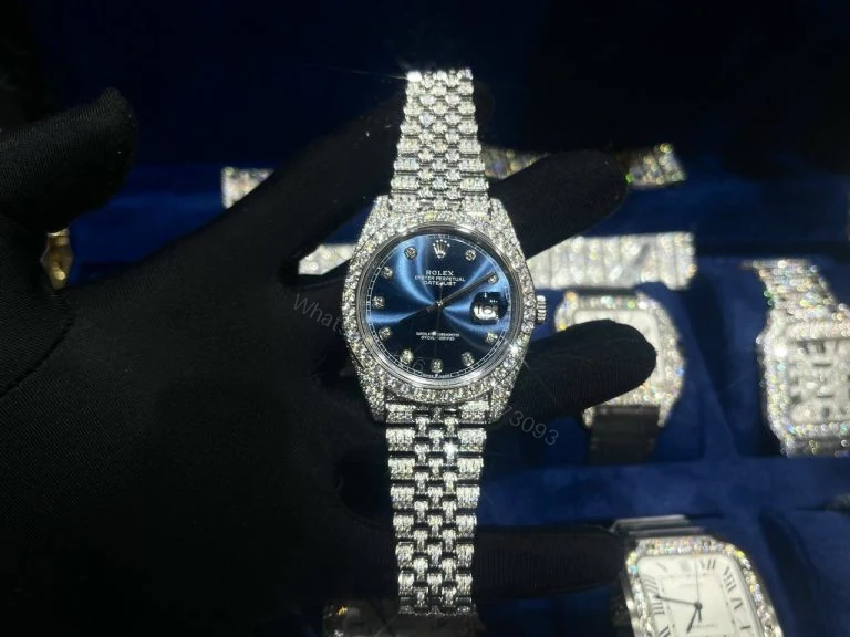 Datejust 41mm Super Clone Blue Dial Custom Full Moissanite Diamonds — view 1