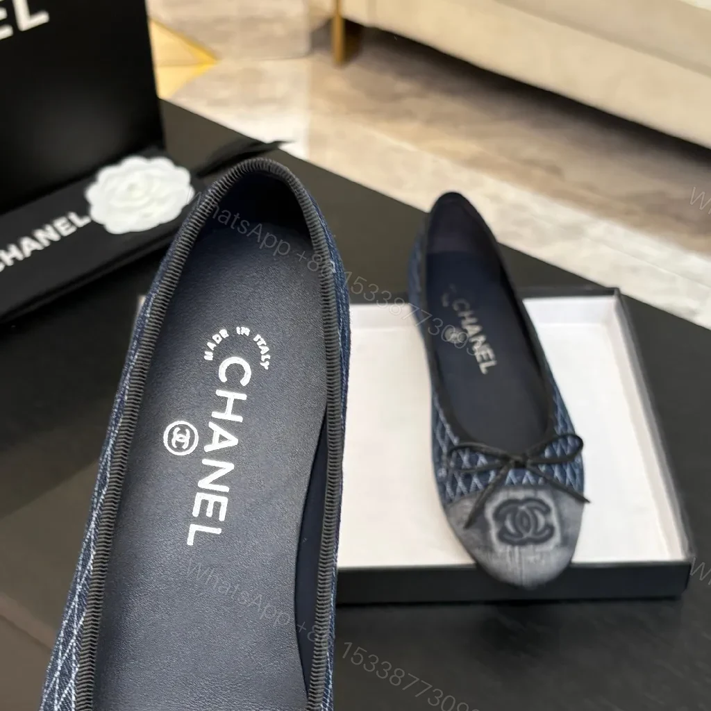 View 4 of Denim-Texture Ballet Flats with Subtle Motif, Flat Style