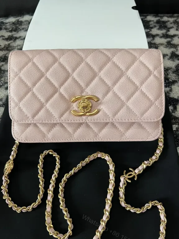 Chic Quilted Blush Pebbled Leather Bag with Gold Logo - Shoulder Style — view 1
