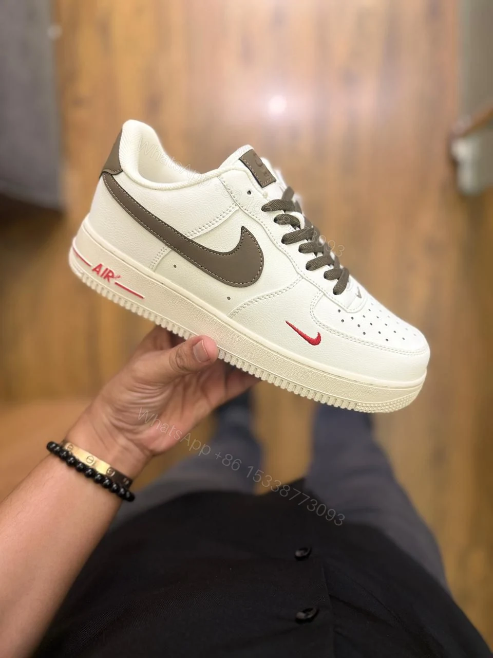 View 2 of First Copy Nike Air Force 1 White Sneakers with Brown Swoosh