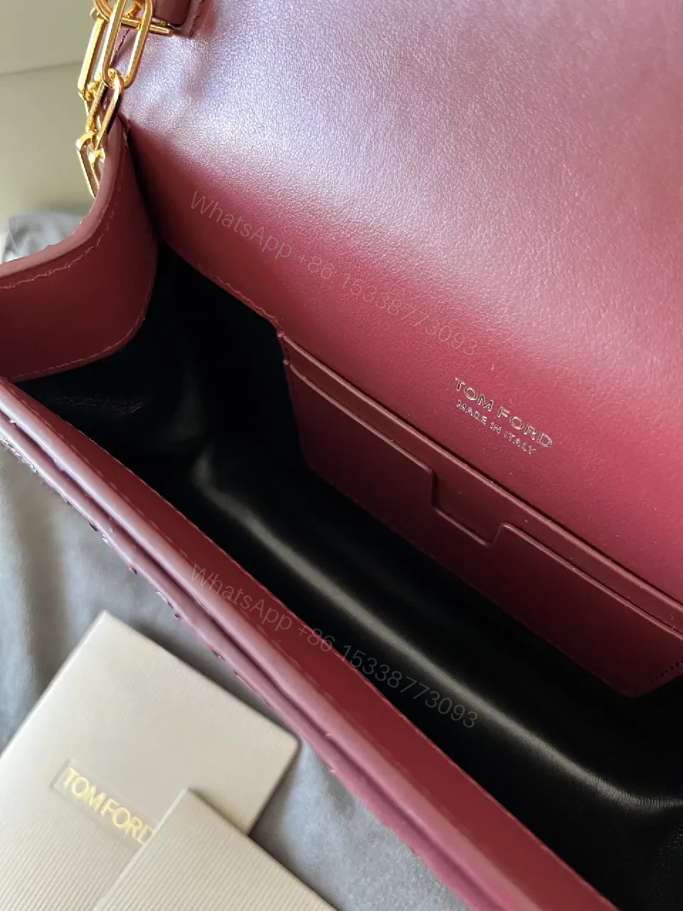 View 9 of Burgundy Python Textured Clutch with TF Gold Hardware