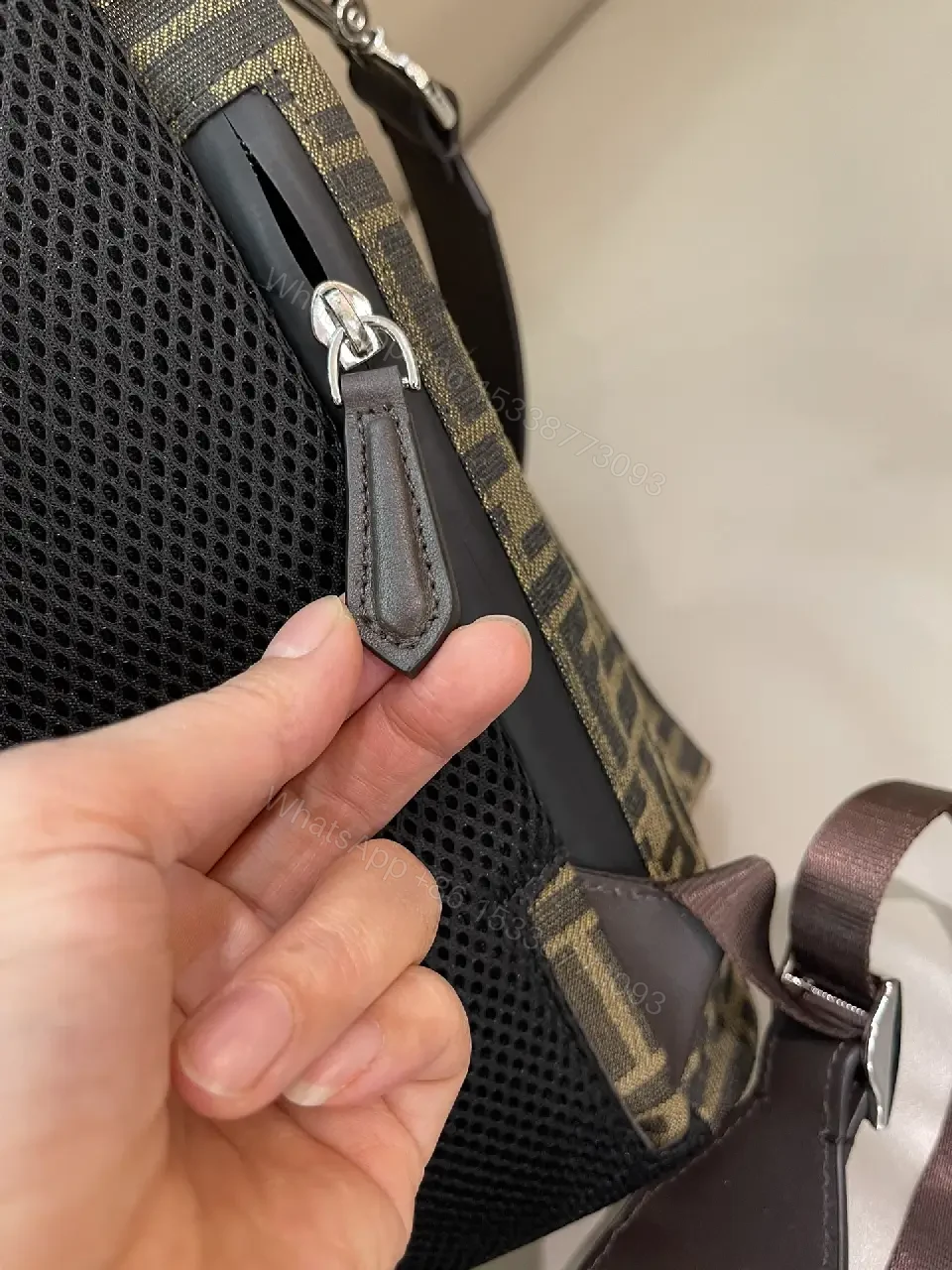 View 2 of Brown/Olive Modern Backpack with Fendi Monogram, Leather Accents, Gray Flap