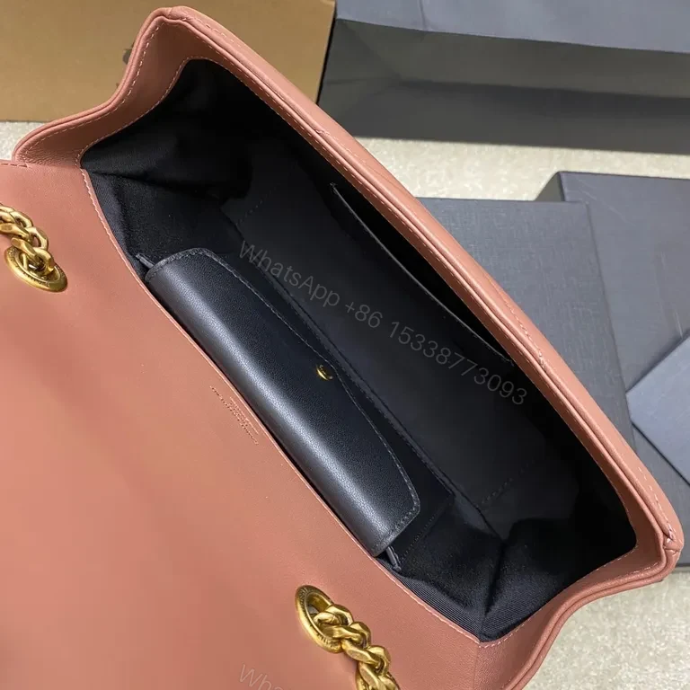 View 2 of Chic Pink Leather Flap Bag with Gold YSL Monogram, Luxury Everyday Essential