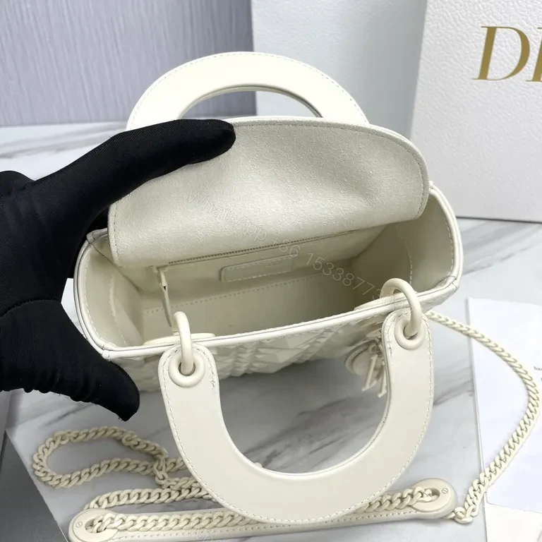 View 5 of Creamy Quilted Faux Dior Handbag - Chain Strap, D&I Charms - Elegant Crossbody