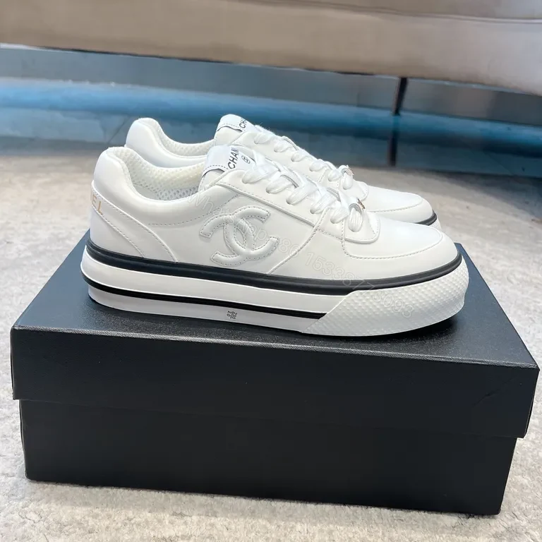 View 5 of Chanel-Inspired White Leather Sneakers with Hardware