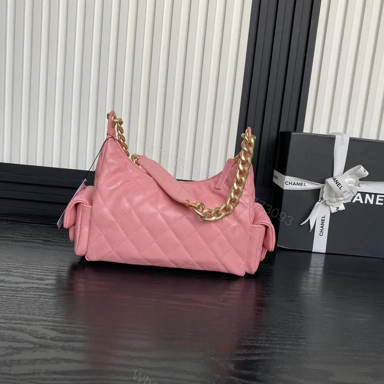 View 8 of Pink Quilted Leather Shoulder Bag with Gold Chain - Chic Luxury