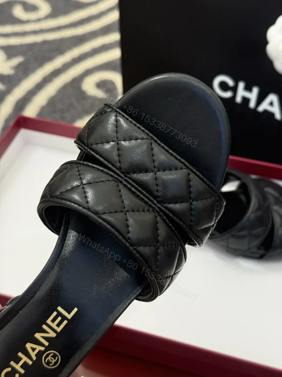 View 6 of Quilted Leather Mules – Black, Open-Toe, Low Block Heel