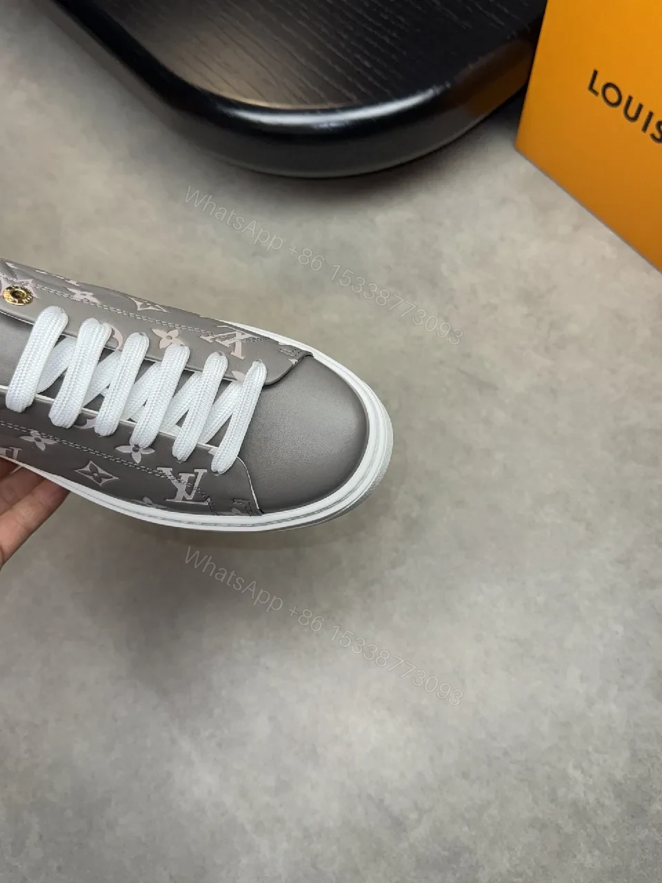 View 3 of Grey Monogram Leather Sneakers with Metallic Accents