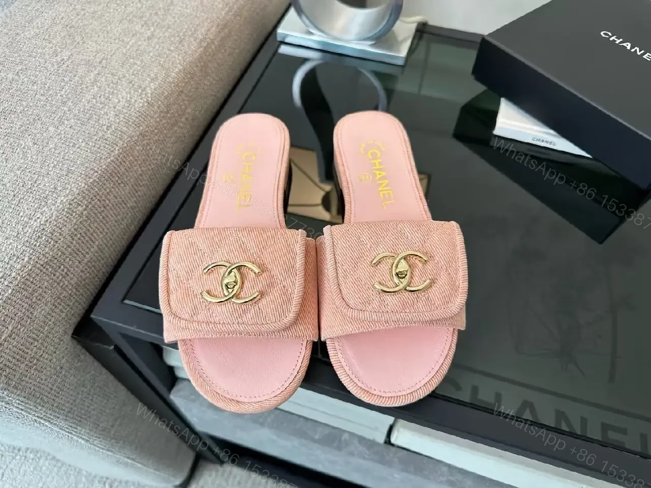 View 3 of Soft Pink Slip-On Sandals with Gold Logo – Luxury Comfort