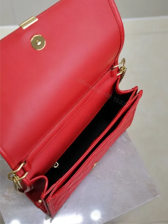 View 7 of Radiant Red Quilted Leather Crossbody Bag with Gold Emblem
