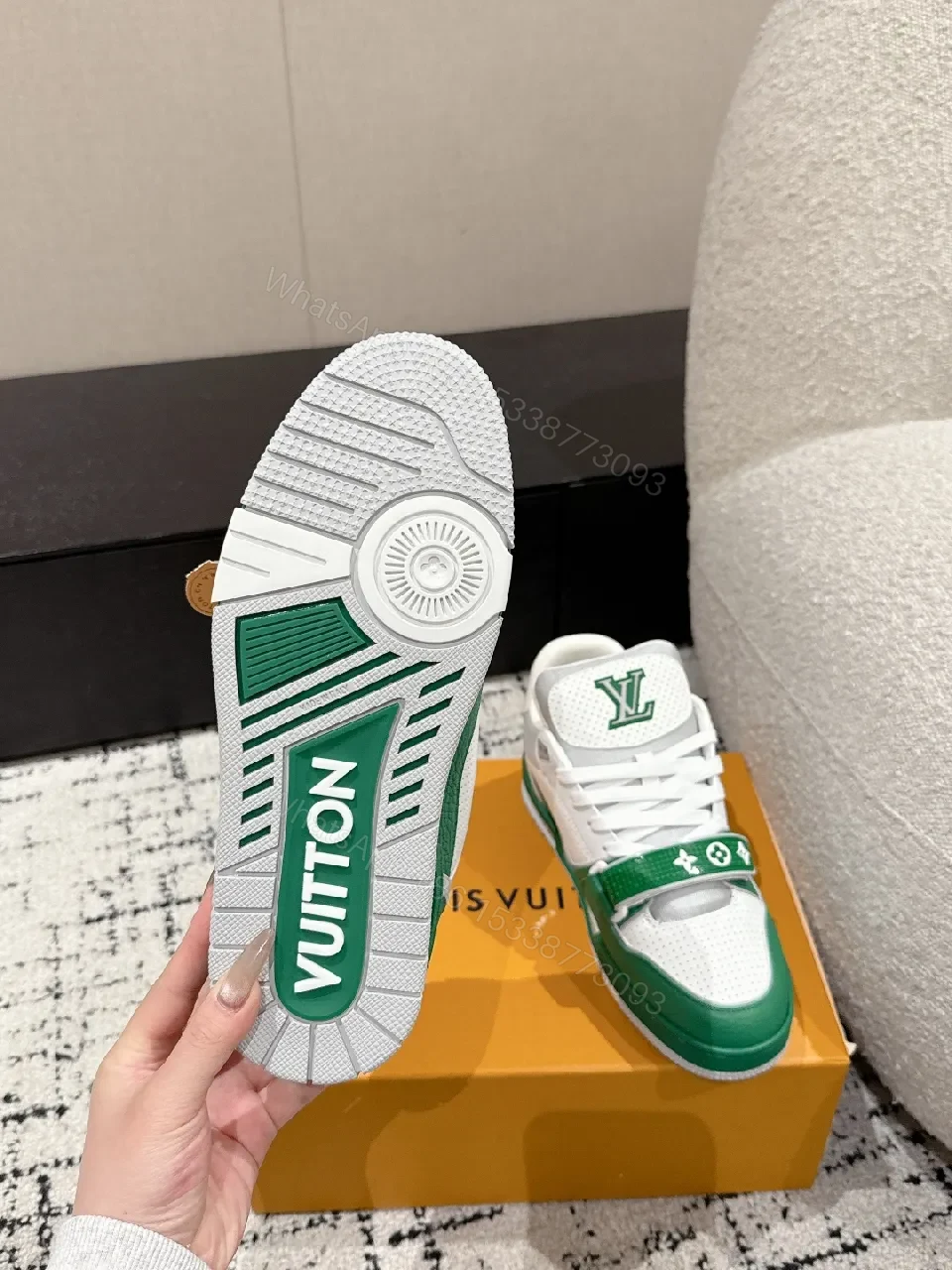 View 8 of White-Green Luxury Trainers: Textured Leather, Midfoot Strap Sneaker