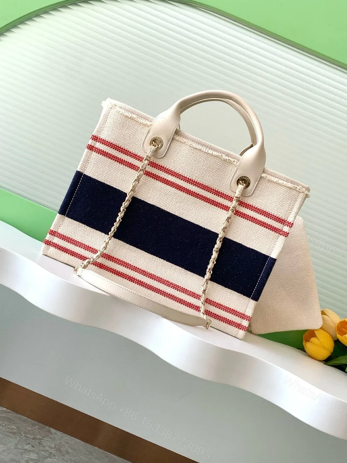 View 2 of CHANEL SHOPPING BAG 34 IN WHITE RED AND NAVY BLUE CANVAS