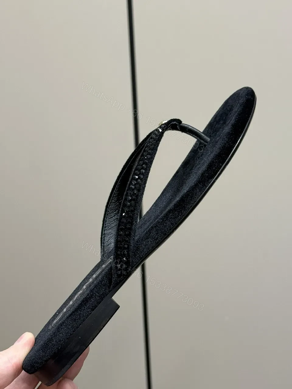 View 3 of Black Suede-Feel Thong Sandals with Crystal Straps - Luxe Casual Footwear