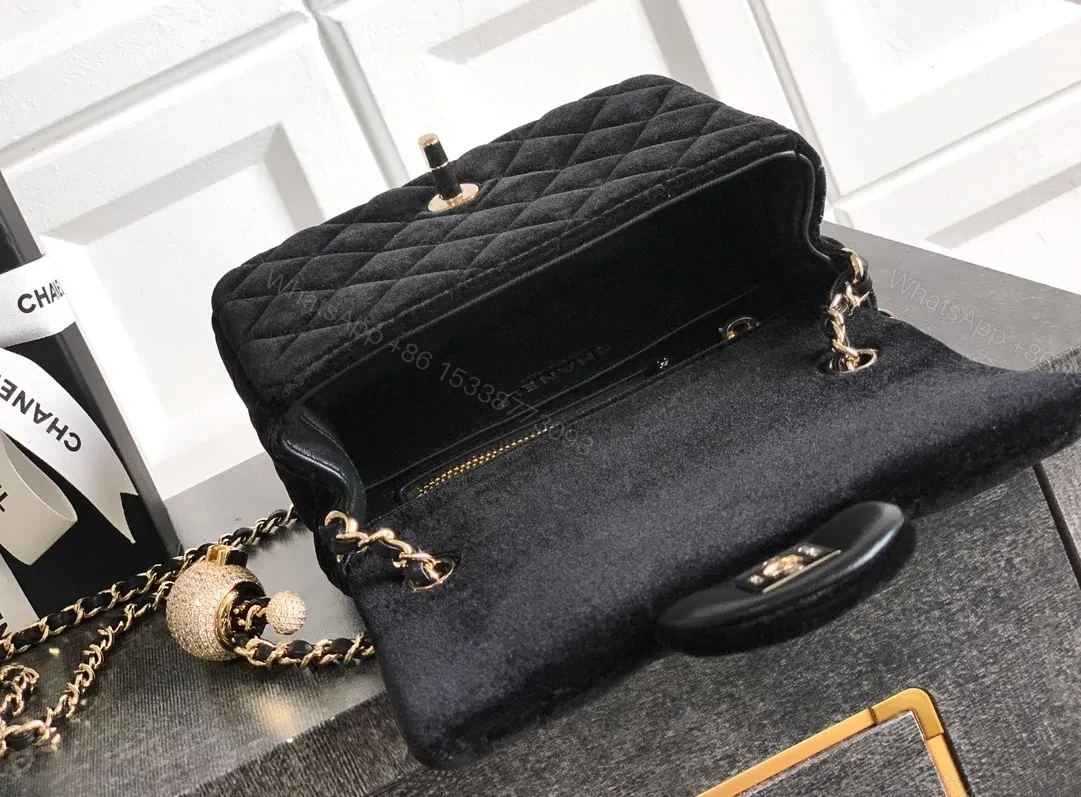 View 4 of Velvet Quilted Crossbody Bag with Gold Chain