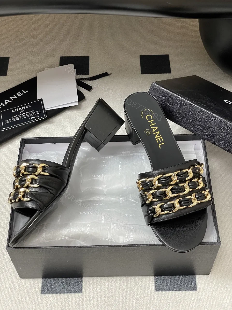 View 6 of Black Leather Slide Sandals with Gold Chain Detail: Luxe Everyday