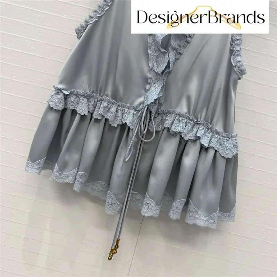 View 6 of Chloe Blue Silk-Satin Top with Lace Trim
