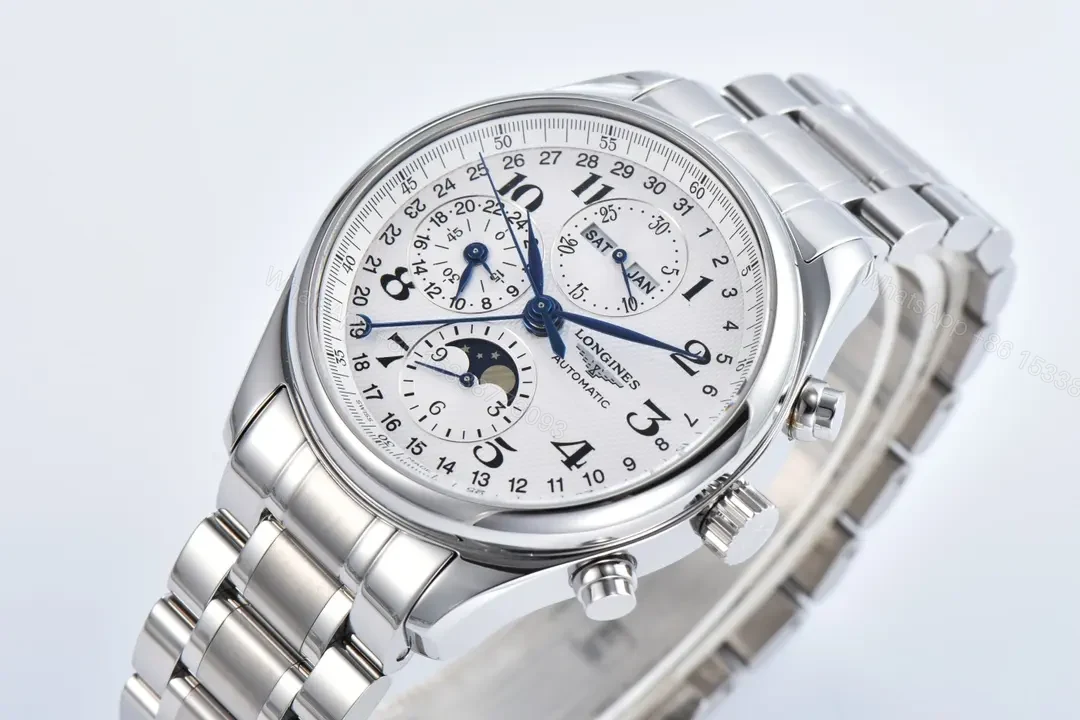 View 3 of Longines Master Collection Moonphase Chronograph Watch Silver Dial Stainless Steel Bracelet Classic Elegant Style
