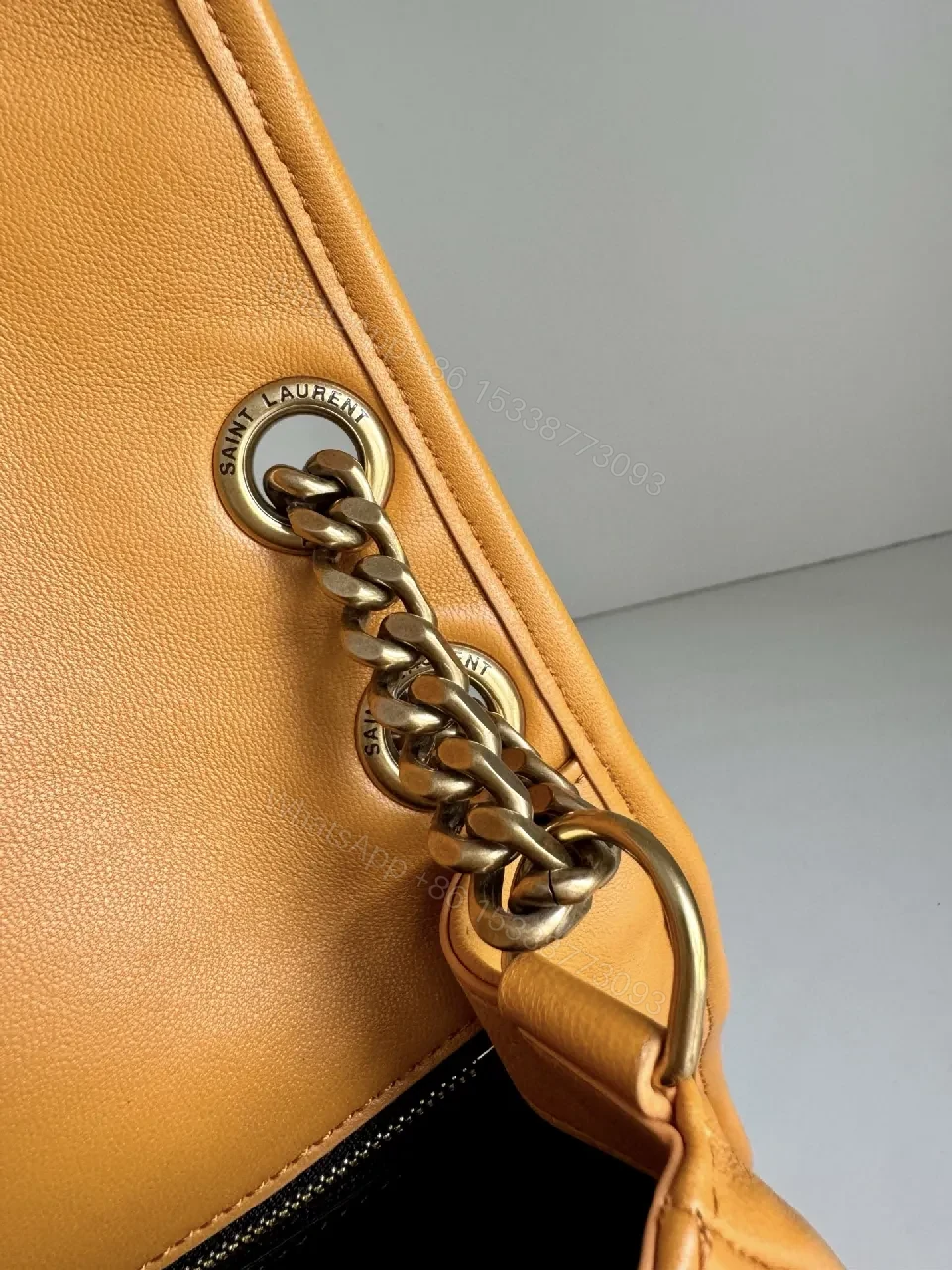 View 2 of Mustard Quilted Leather Crossbody with Chain Strap