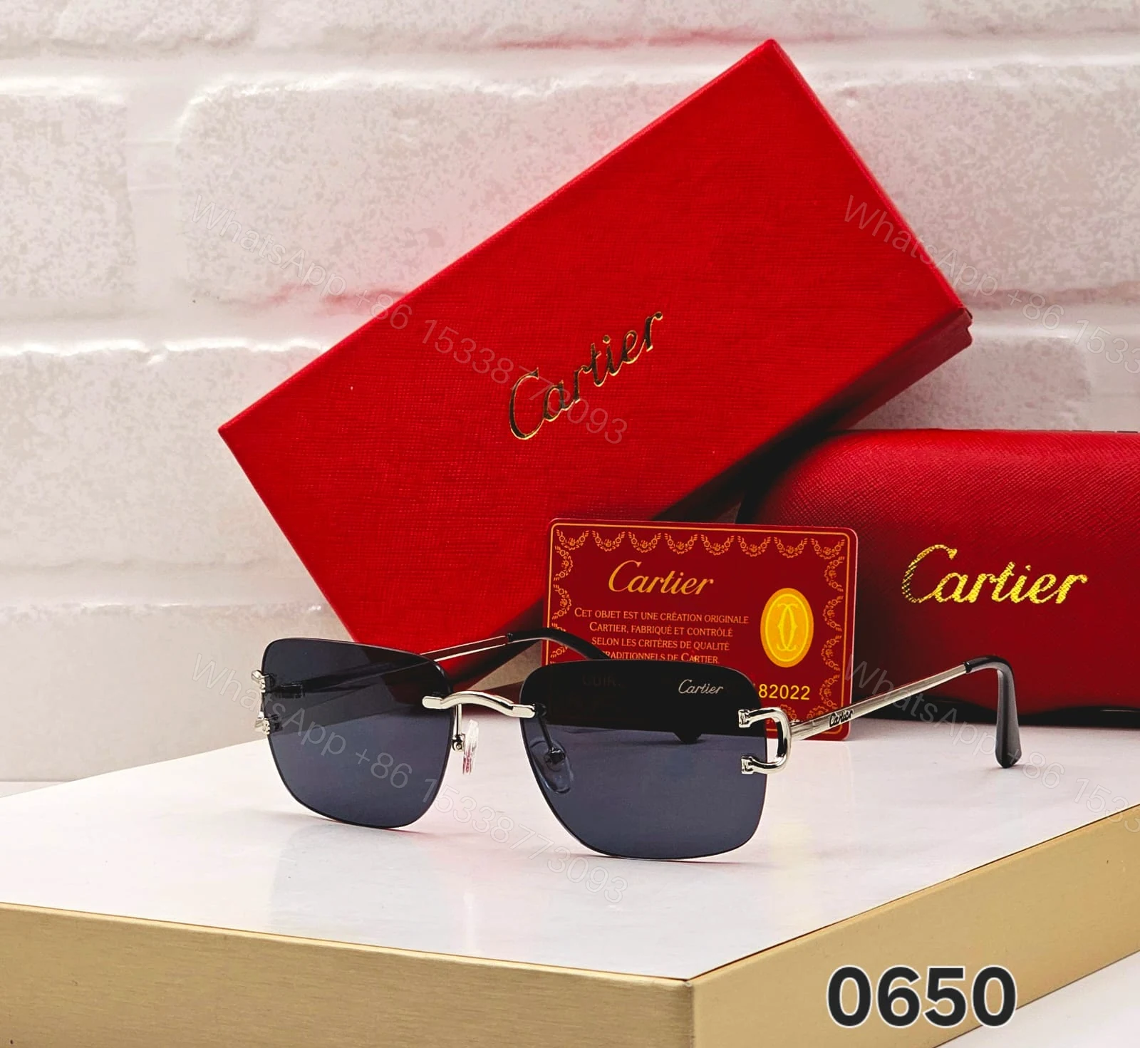 View 3 of Cartier 0650 Rectangular Rimless Sunglasses Black & Gold