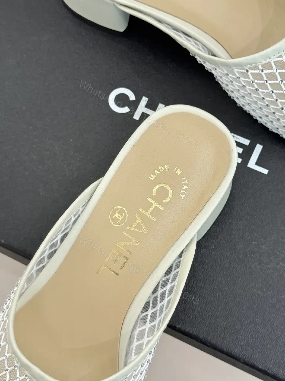 View 10 of White Mesh Mules Silver Heel Classic Chanel Style Slippers