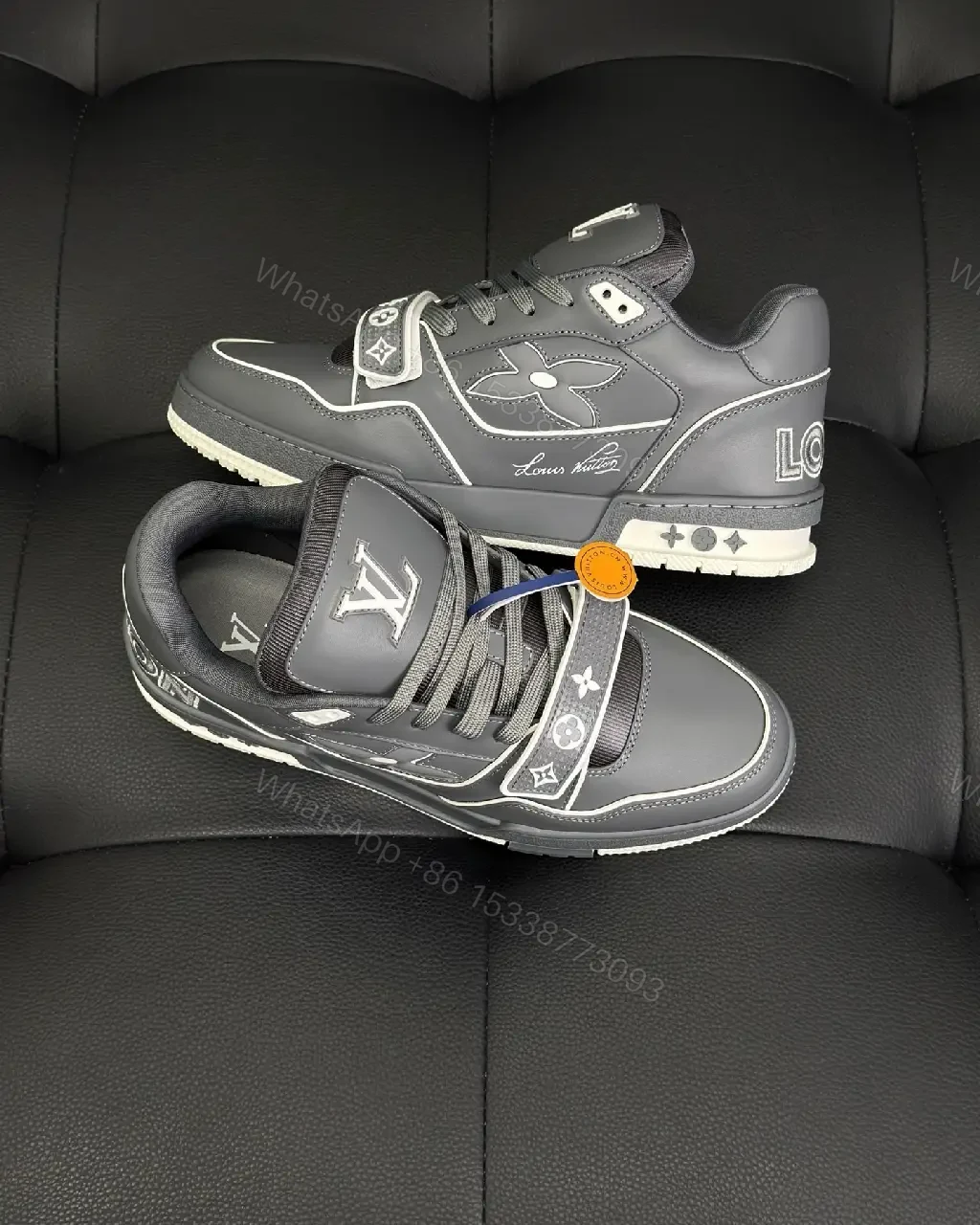 View 2 of Grey Leather Structured Sneakers with Velcro Detail