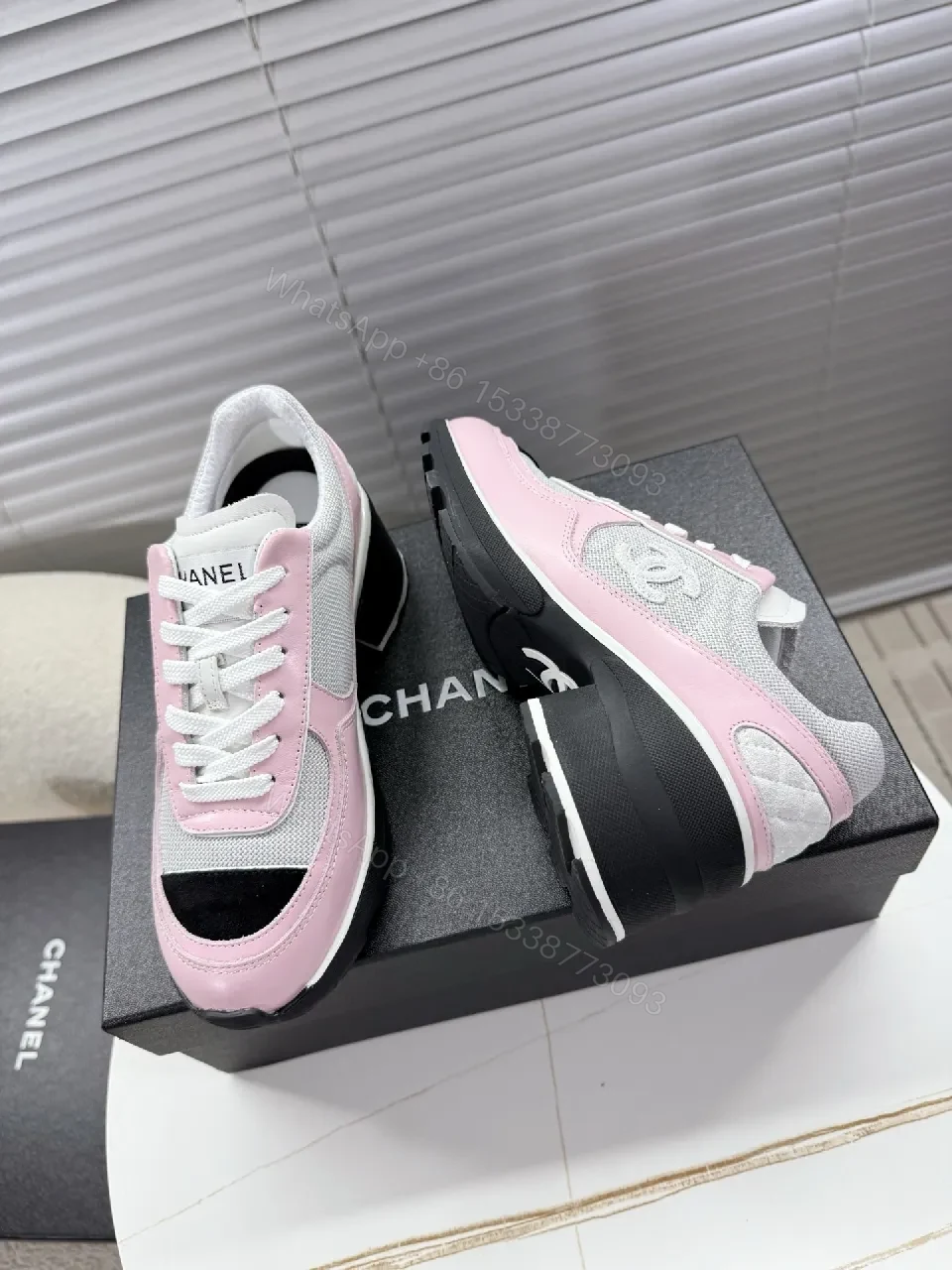 View 3 of Pastel Pink Suede-White Mesh Sneaker with Black-Toe Cap
