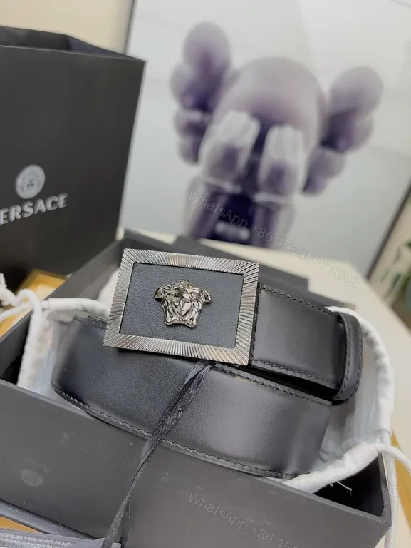 View 3 of Minimalist Leather Belt with Lion Buckle â€“ Versace Luxury Belt