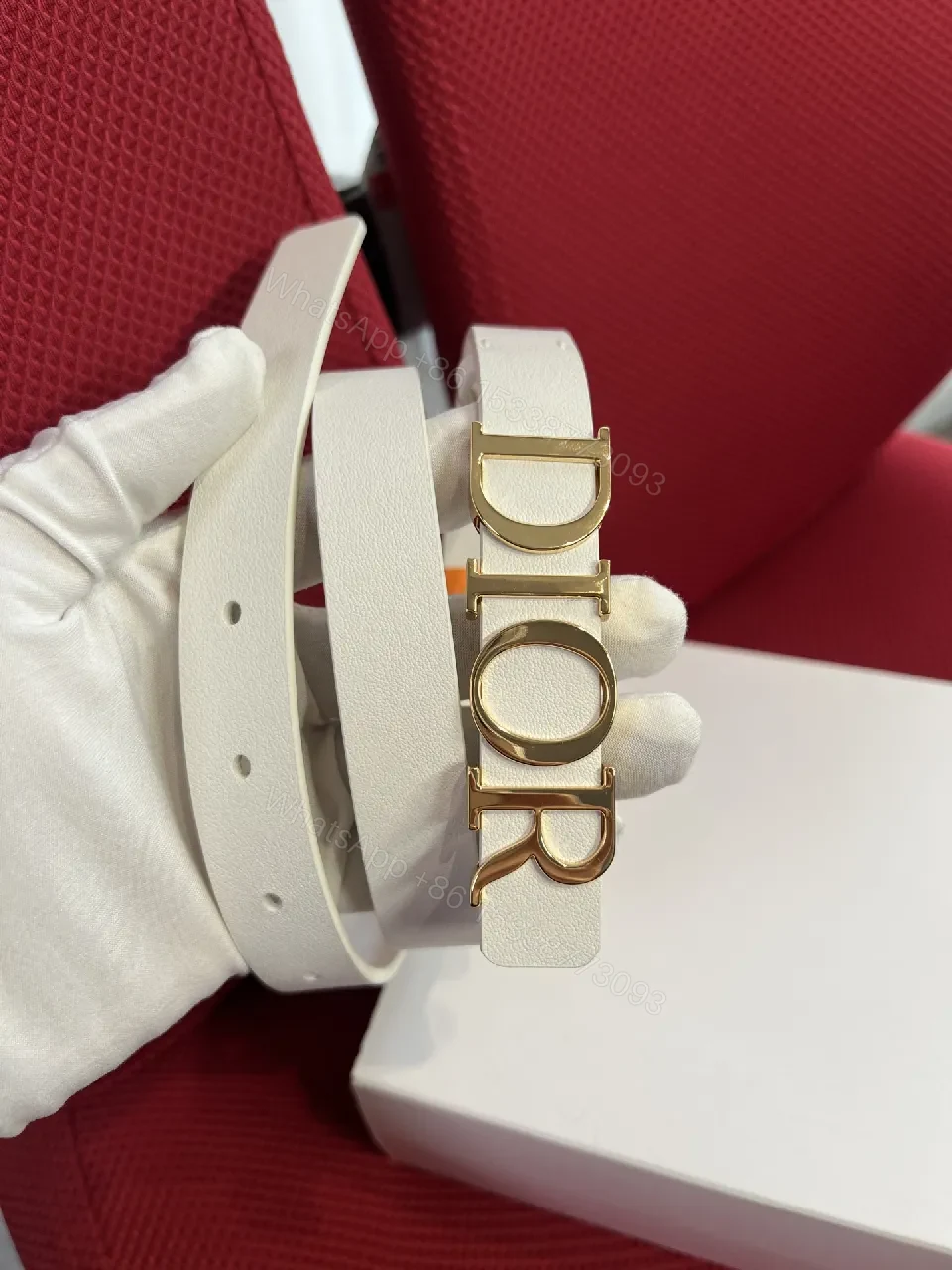 View 4 of Minimalist White Strap Belt with Gold DIOR Lettering
